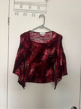 Whimsigoth Burgundy Floral Velvet Bell-Sleeve Top